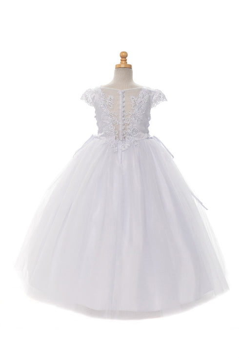 Rainkids Girls White Cap Sleeve Floral Trim Plus Size Communion Dress 7.5-20.5 - SophiasStyle.com